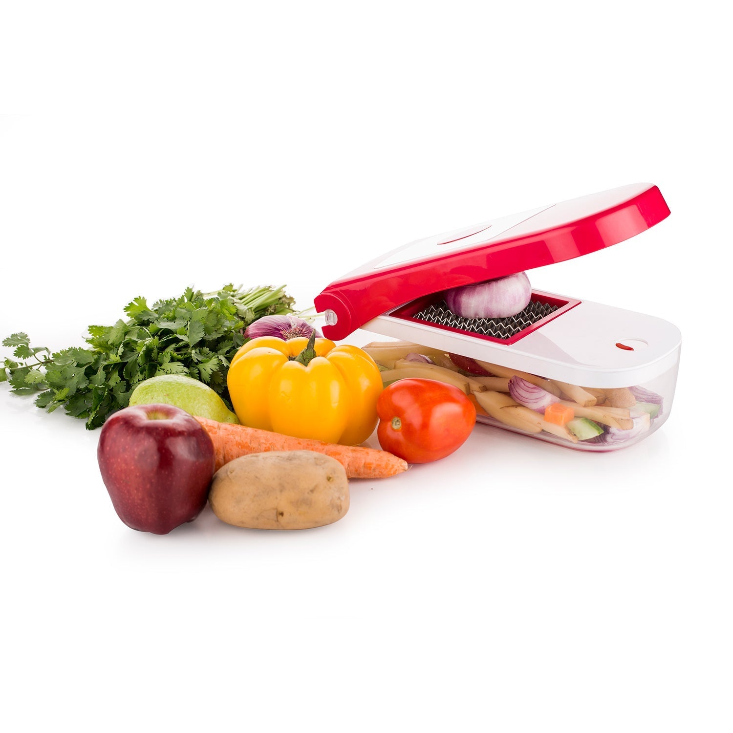 Red plastic chopper by Ganesh for vegetables and fruits, shown from various angles. Red plastic chopper by Ganesh for vegetables and fruits, shown from various angles.
